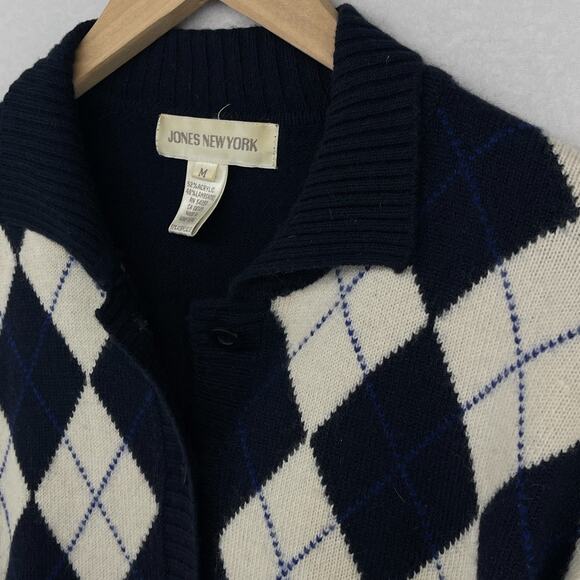 JONES NEW YORK Sweater M Argyle Lambswool Button Front Cardigan Blue HK VTG - Picture 8 of 15
